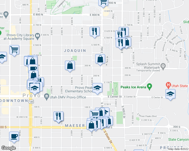 map of restaurants, bars, coffee shops, grocery stores, and more near 476 East 200 North in Provo