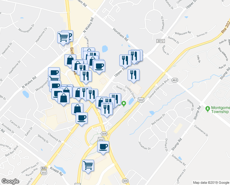 map of restaurants, bars, coffee shops, grocery stores, and more near 900 Susan Circle in North Wales