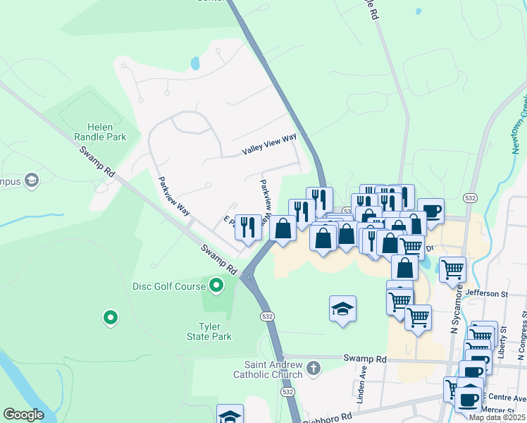map of restaurants, bars, coffee shops, grocery stores, and more near 34 Parkview Way in Newtown