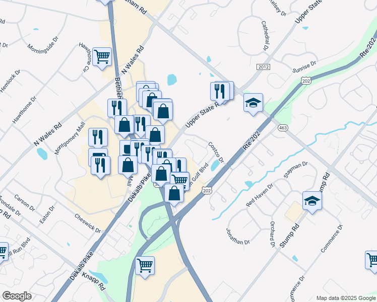 map of restaurants, bars, coffee shops, grocery stores, and more near 910 Susan Circle in North Wales
