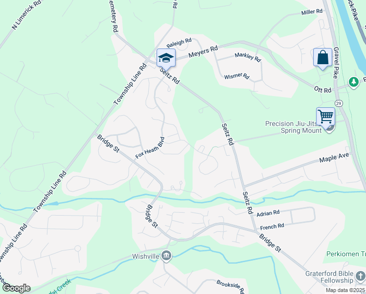 map of restaurants, bars, coffee shops, grocery stores, and more near 521 Andalusian Road in Schwenksville