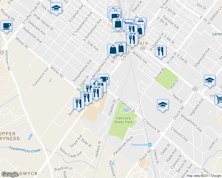 map of restaurants, bars, coffee shops, grocery stores, and more near 37 East Hancock Street in Lansdale