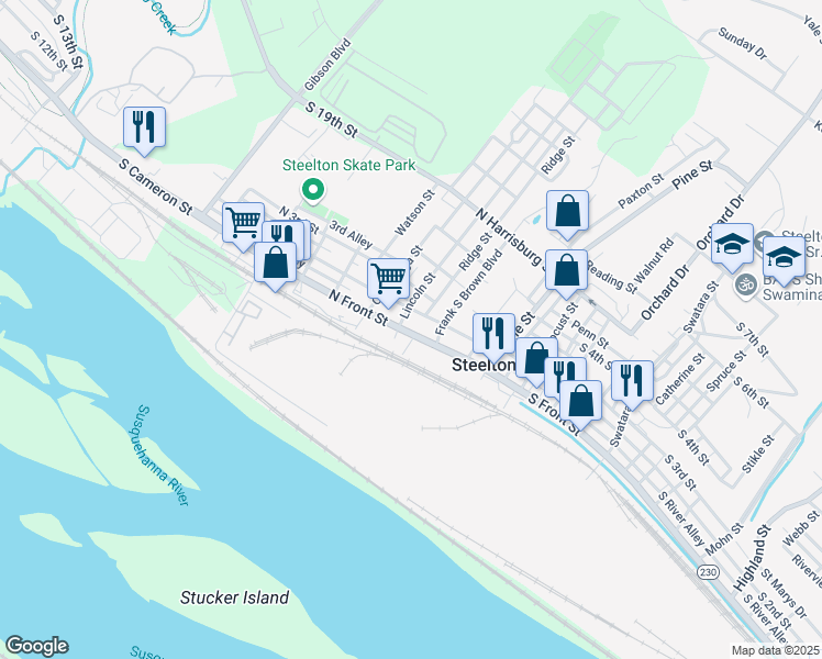 map of restaurants, bars, coffee shops, grocery stores, and more near 249 North Front Street in Steelton