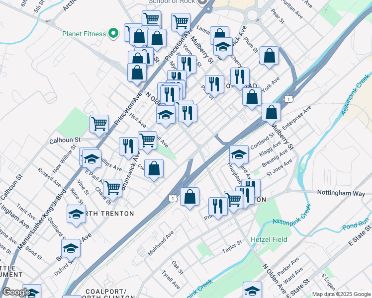 map of restaurants, bars, coffee shops, grocery stores, and more near 575 New York Avenue in Trenton