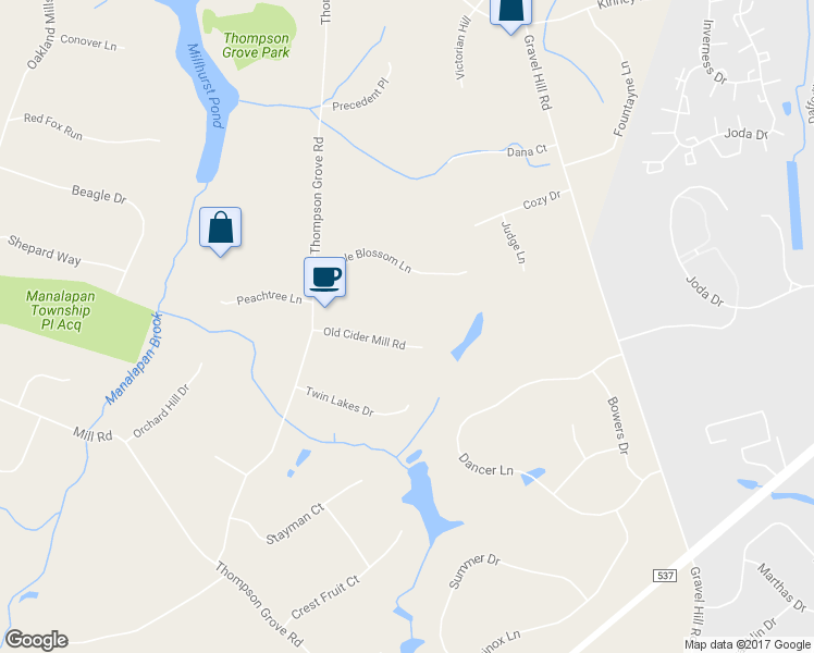 map of restaurants, bars, coffee shops, grocery stores, and more near 10 Old Cider Mill Road in Manalapan Township