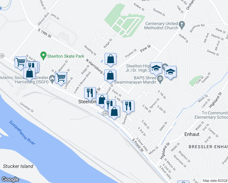 map of restaurants, bars, coffee shops, grocery stores, and more near 334 Poplar Street in Steelton