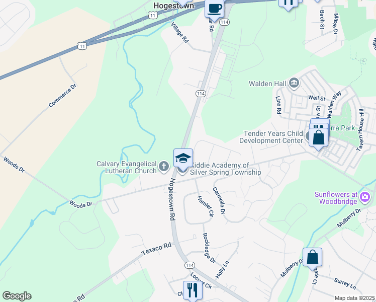 map of restaurants, bars, coffee shops, grocery stores, and more near 25 Springdale Way in Mechanicsburg