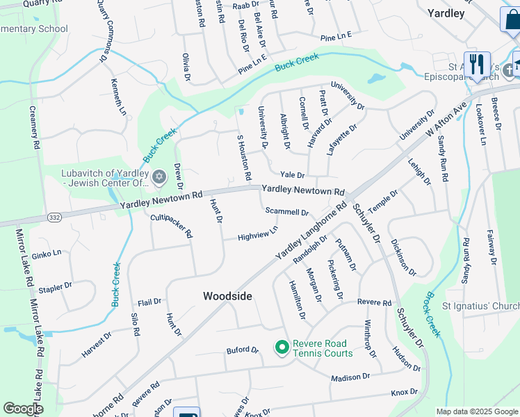 map of restaurants, bars, coffee shops, grocery stores, and more near 15 Scammell Drive in Yardley
