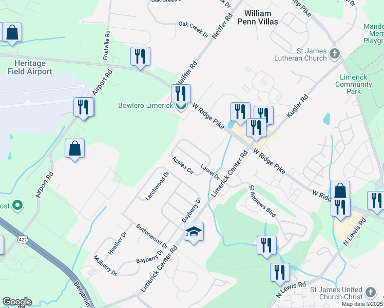 map of restaurants, bars, coffee shops, grocery stores, and more near 322 Laurel Drive in Royersford
