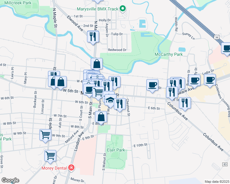 map of restaurants, bars, coffee shops, grocery stores, and more near 318 East 5th Street in Marysville