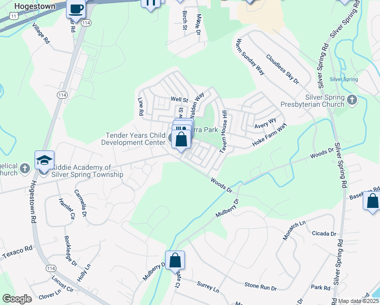 map of restaurants, bars, coffee shops, grocery stores, and more near Rutledge Alley in Mechanicsburg