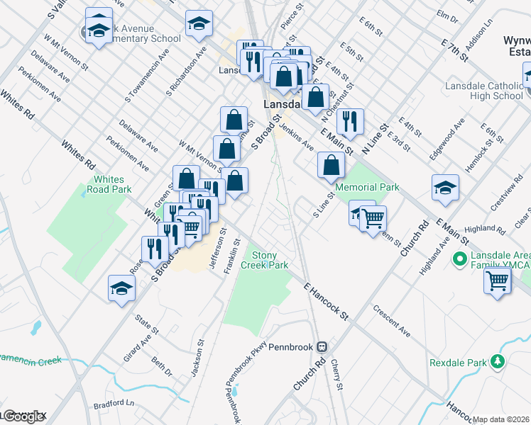 map of restaurants, bars, coffee shops, grocery stores, and more near 206 Bamboo Drive in Lansdale