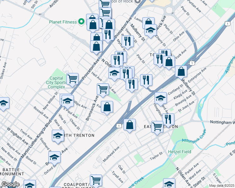 map of restaurants, bars, coffee shops, grocery stores, and more near 604 Ohio Avenue in Trenton