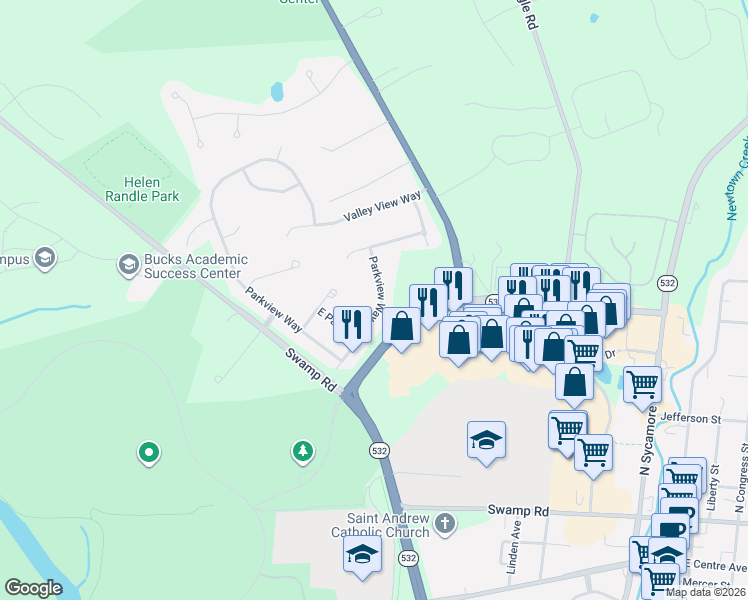 map of restaurants, bars, coffee shops, grocery stores, and more near 46 Parkview Way in Newtown