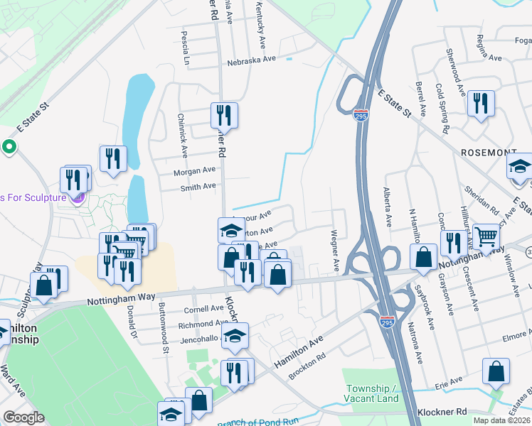 map of restaurants, bars, coffee shops, grocery stores, and more near 82 Clayton Avenue in Hamilton Township