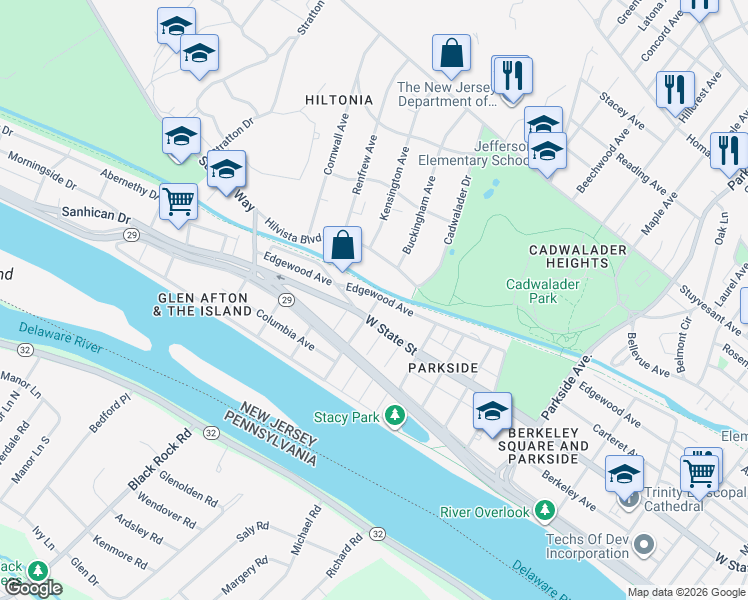 map of restaurants, bars, coffee shops, grocery stores, and more near 1446 West State Street in Trenton