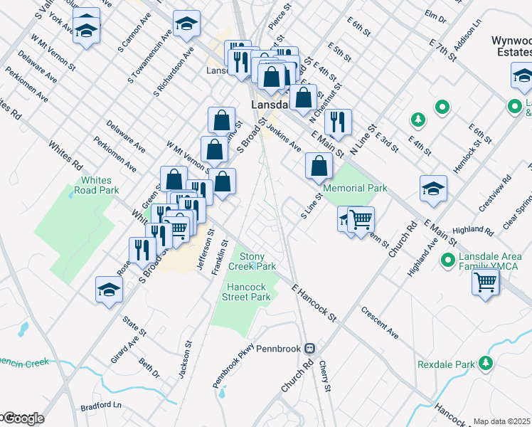 map of restaurants, bars, coffee shops, grocery stores, and more near 114 Almond Drive in Lansdale