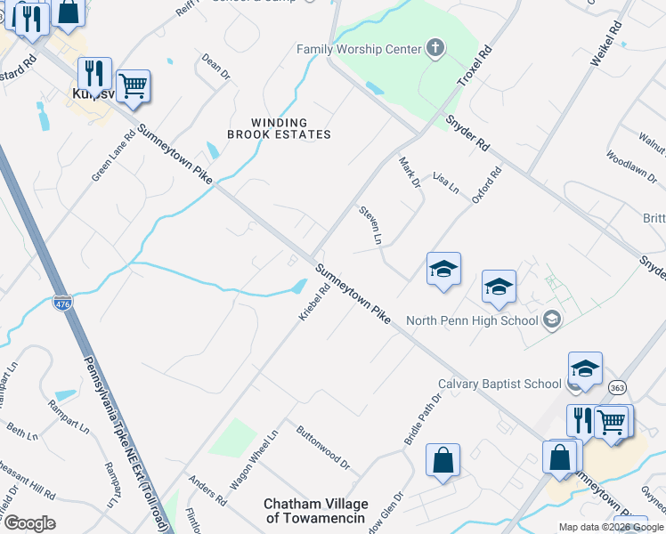 map of restaurants, bars, coffee shops, grocery stores, and more near 1361 Sumneytown Pike in Lansdale