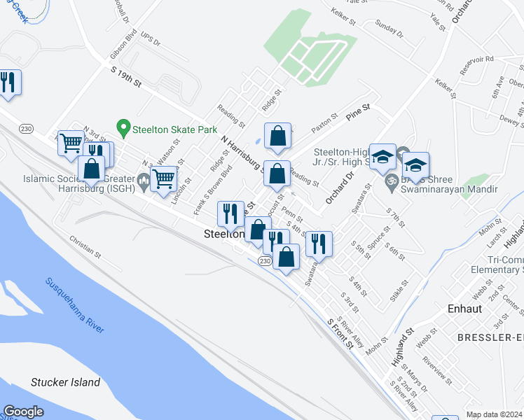 map of restaurants, bars, coffee shops, grocery stores, and more near 20 North 4th Street in Steelton