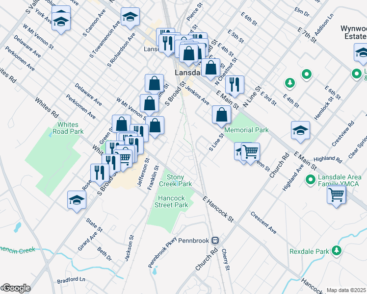 map of restaurants, bars, coffee shops, grocery stores, and more near 100 Almond Drive in Lansdale