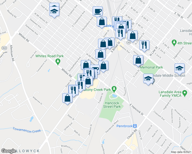 map of restaurants, bars, coffee shops, grocery stores, and more near 35 East Hancock Street in Lansdale