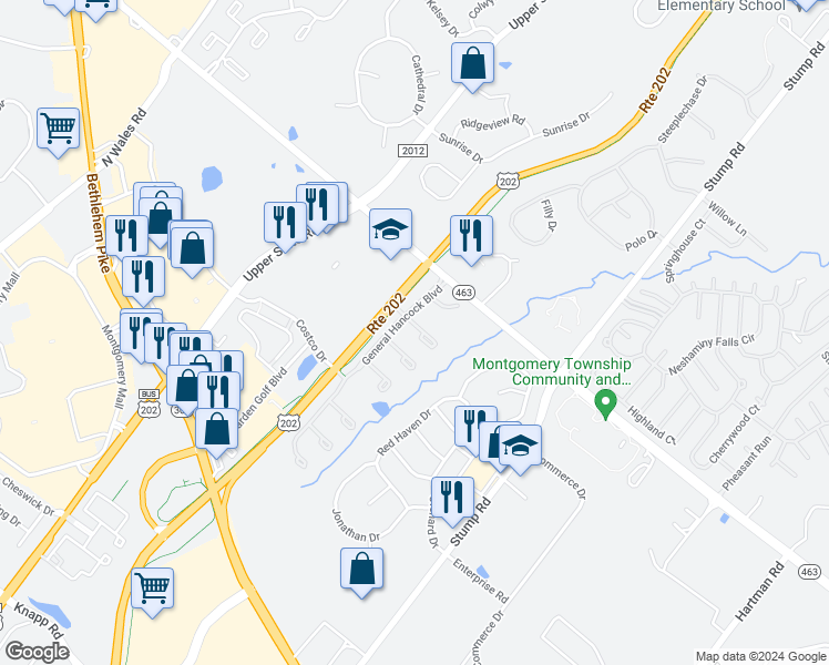 map of restaurants, bars, coffee shops, grocery stores, and more near 105 Amy Court in North Wales