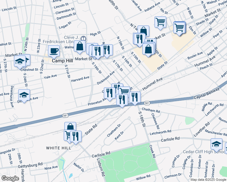 map of restaurants, bars, coffee shops, grocery stores, and more near 1902 Princeton Avenue in Camp Hill