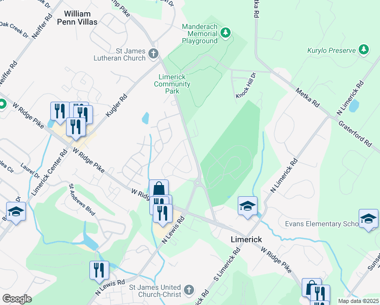 map of restaurants, bars, coffee shops, grocery stores, and more near 178 Larrabee Way in Royersford