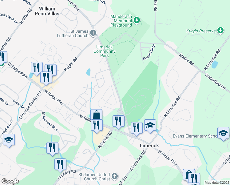 map of restaurants, bars, coffee shops, grocery stores, and more near 178 Larrabee Way in Royersford
