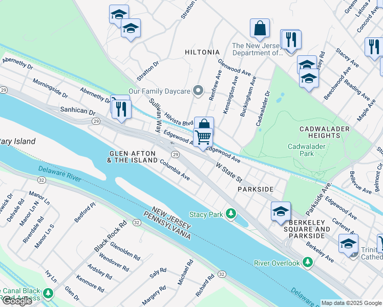 map of restaurants, bars, coffee shops, grocery stores, and more near 29 Sanhican Drive in Trenton