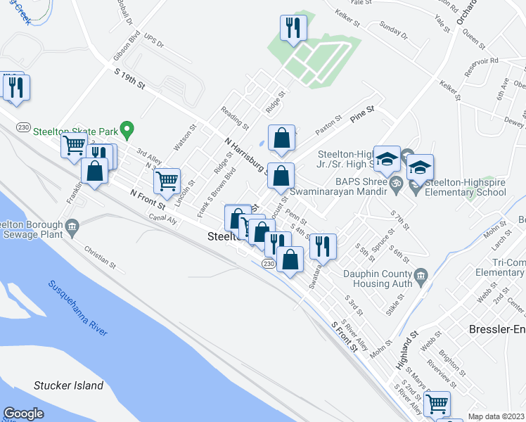 map of restaurants, bars, coffee shops, grocery stores, and more near 28 North 4th Street in Steelton