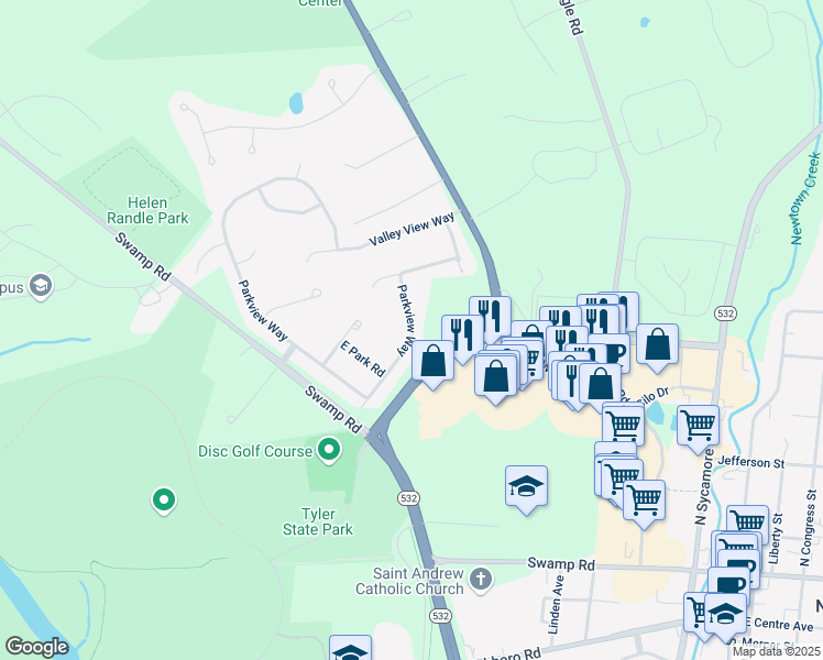 map of restaurants, bars, coffee shops, grocery stores, and more near 4 Parkview Way in Newtown