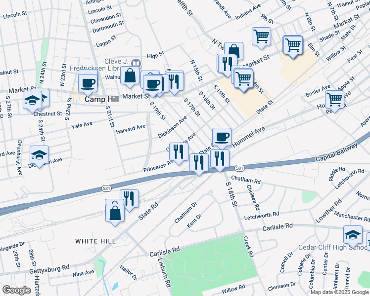 map of restaurants, bars, coffee shops, grocery stores, and more near 1902 Princeton Avenue in Camp Hill
