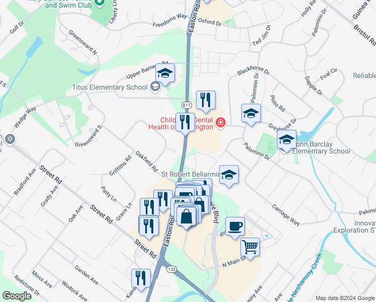 map of restaurants, bars, coffee shops, grocery stores, and more near 819 Easton Road in Warrington