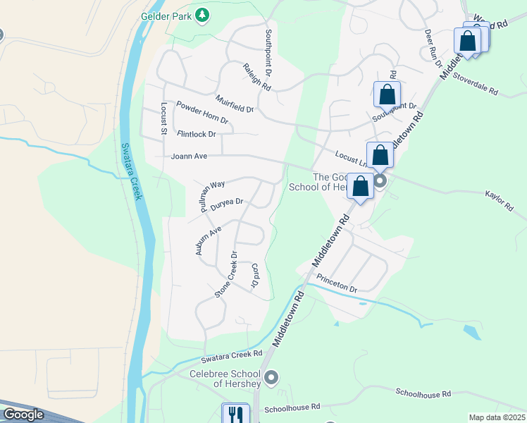 map of restaurants, bars, coffee shops, grocery stores, and more near 1123 Duesenberg Drive in Hummelstown