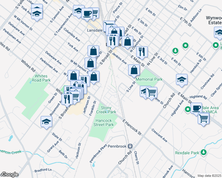 map of restaurants, bars, coffee shops, grocery stores, and more near 100 Almond Drive in Lansdale