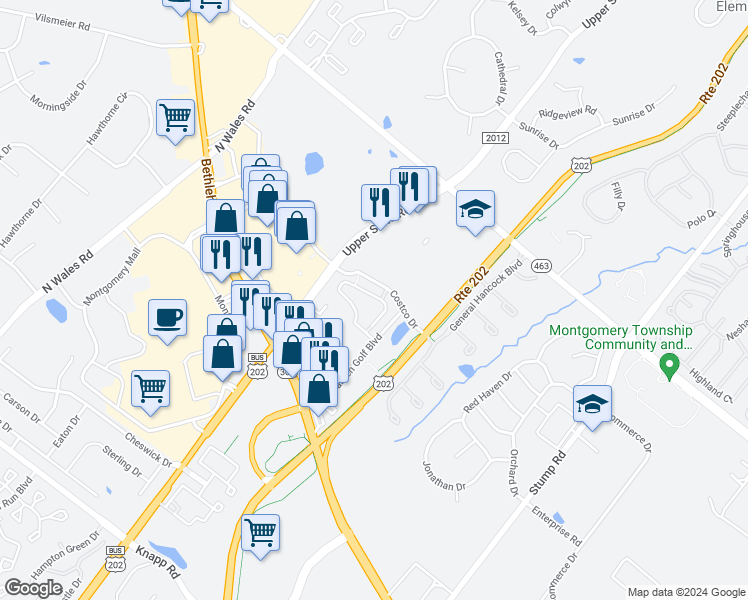 map of restaurants, bars, coffee shops, grocery stores, and more near 403 Susan Circle in North Wales