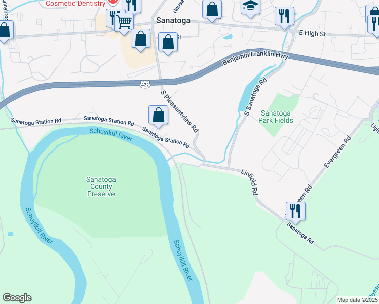 map of restaurants, bars, coffee shops, grocery stores, and more near 2248 Sanatoga Station Road in Pottstown