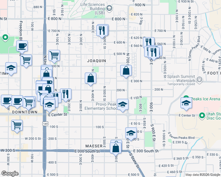 map of restaurants, bars, coffee shops, grocery stores, and more near 502 East 200 North in Provo