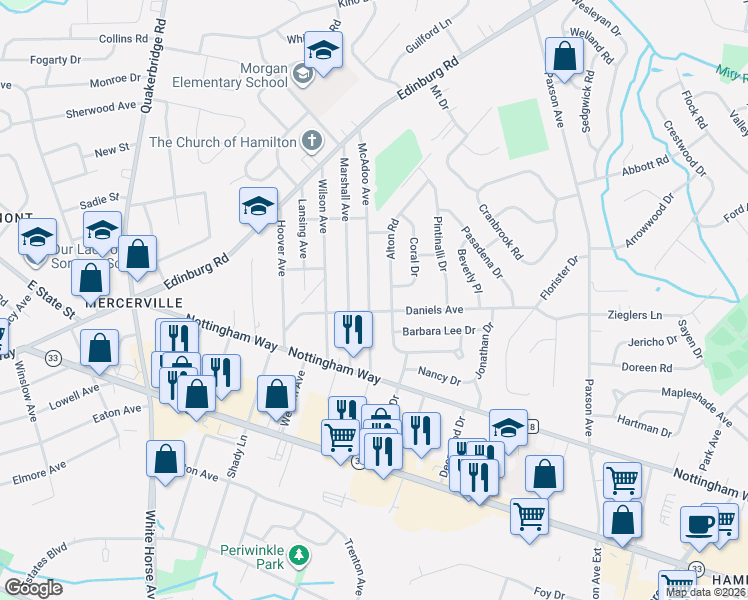 map of restaurants, bars, coffee shops, grocery stores, and more near 1 Steven Avenue in Hamilton Township