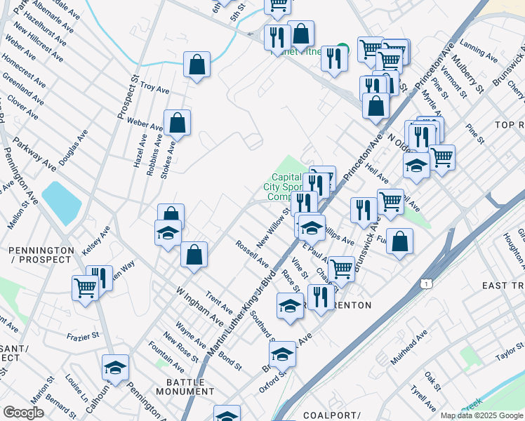 map of restaurants, bars, coffee shops, grocery stores, and more near 141 Kirkbride Avenue in Trenton