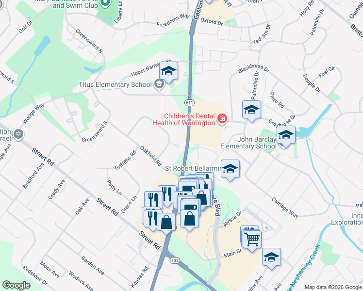 map of restaurants, bars, coffee shops, grocery stores, and more near 807 Easton Road in Warrington