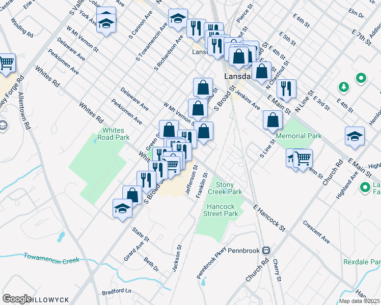 map of restaurants, bars, coffee shops, grocery stores, and more near 28 East Hancock Street in Lansdale