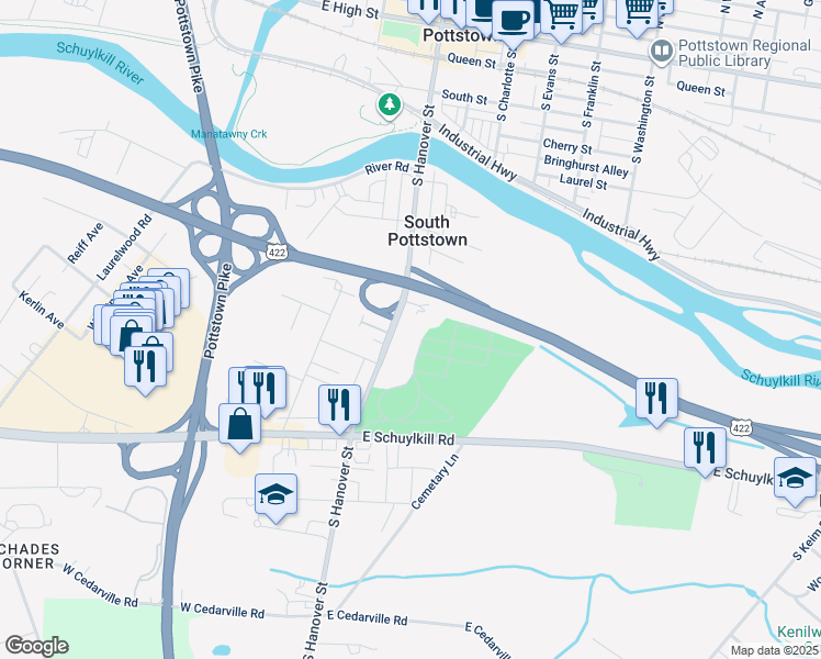 map of restaurants, bars, coffee shops, grocery stores, and more near 472 South Hanover Street in Pottstown