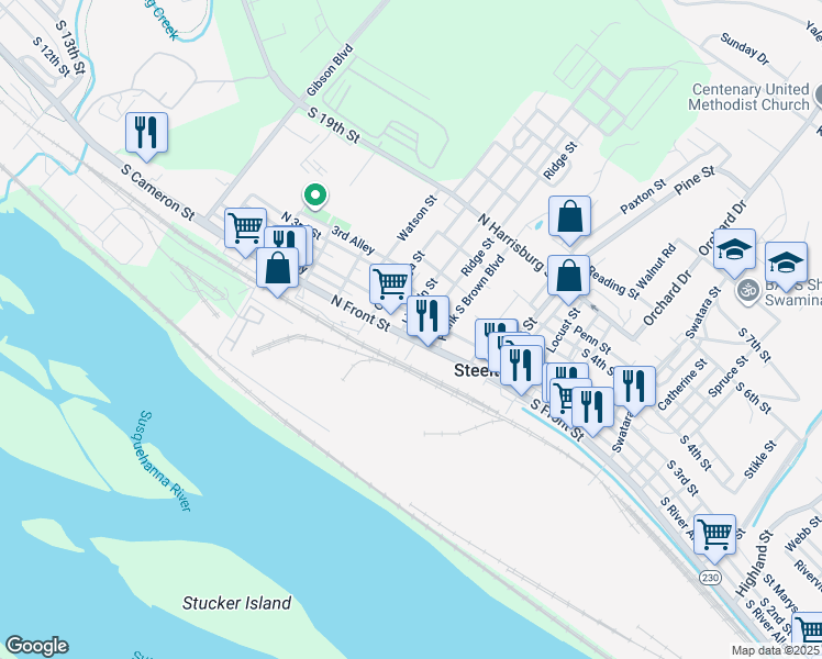 map of restaurants, bars, coffee shops, grocery stores, and more near 101 Trewick Street in Steelton