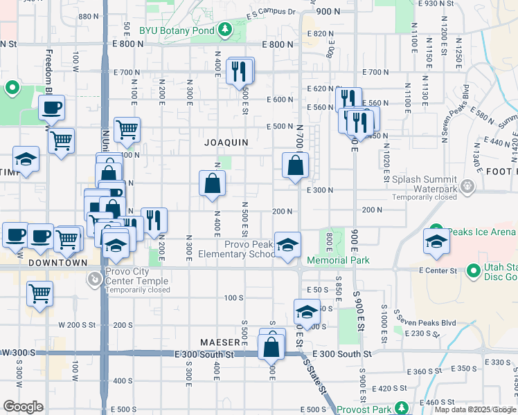 map of restaurants, bars, coffee shops, grocery stores, and more near 502 East 200 North in Provo