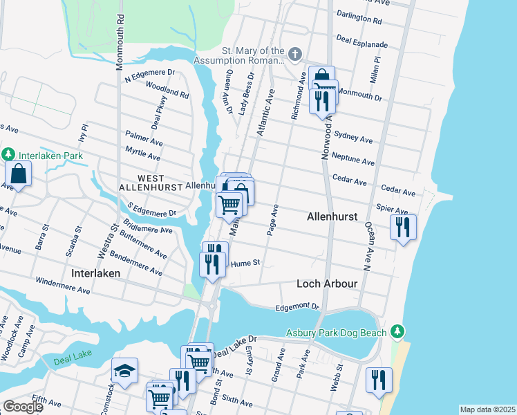 map of restaurants, bars, coffee shops, grocery stores, and more near in Allenhurst