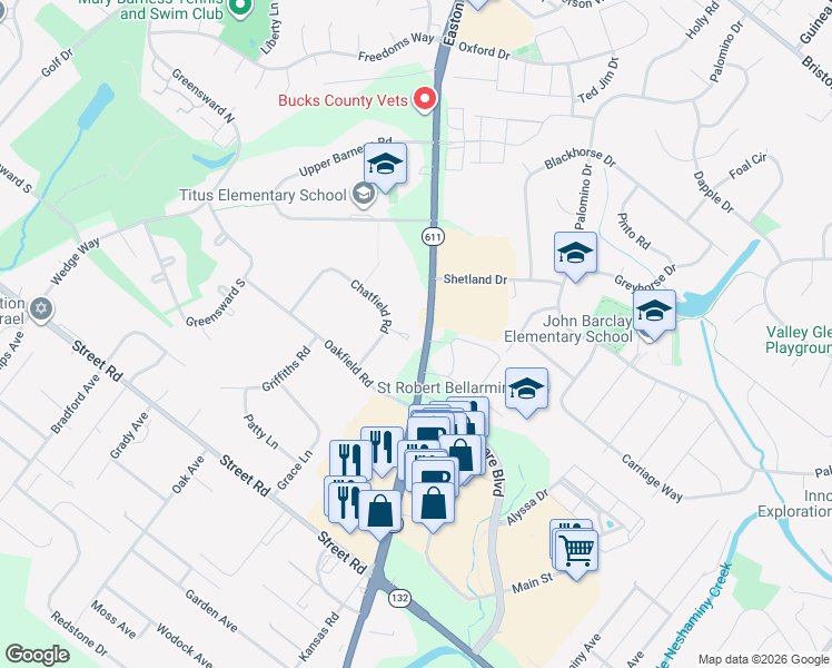 map of restaurants, bars, coffee shops, grocery stores, and more near 807 Easton Road in Warrington