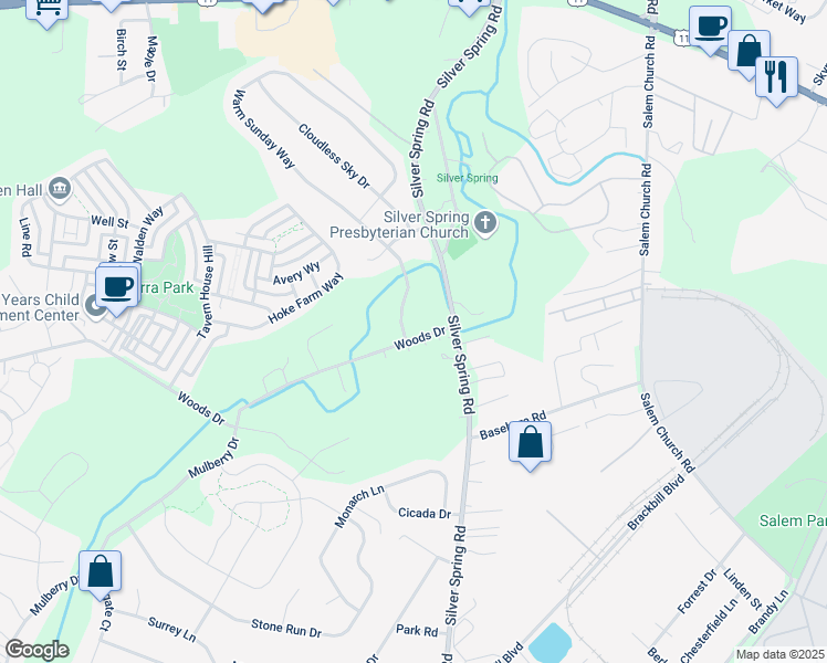 map of restaurants, bars, coffee shops, grocery stores, and more near 11 Woods Drive in Mechanicsburg