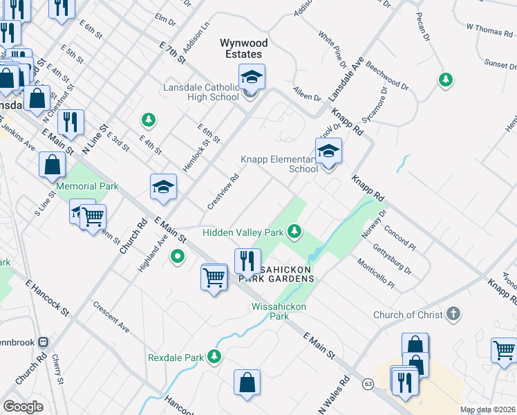 map of restaurants, bars, coffee shops, grocery stores, and more near 312 Greenwood Road in Lansdale
